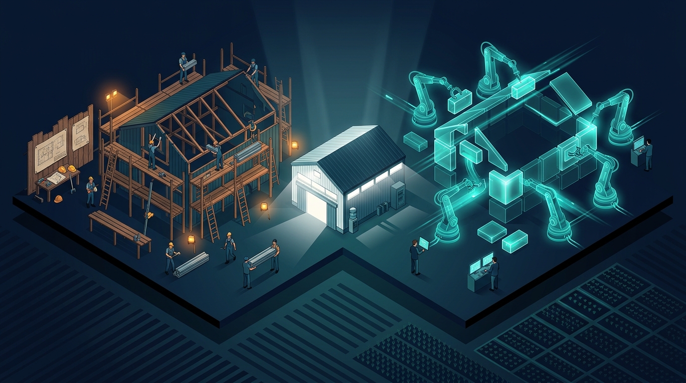 Isometric illustration comparing a manual build site under scaffolding with a robot-assisted agentic build of the same application