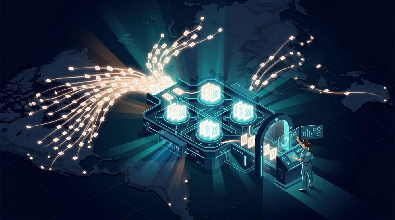 Isometric illustration of idea submissions from markets around the world converging on a multi-agent scoring platform
