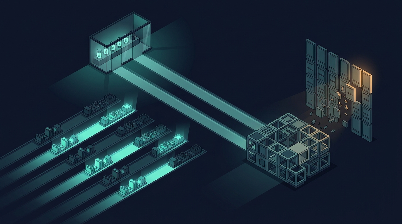 Isometric illustration of code changes flowing along lanes through an automated regression test suite