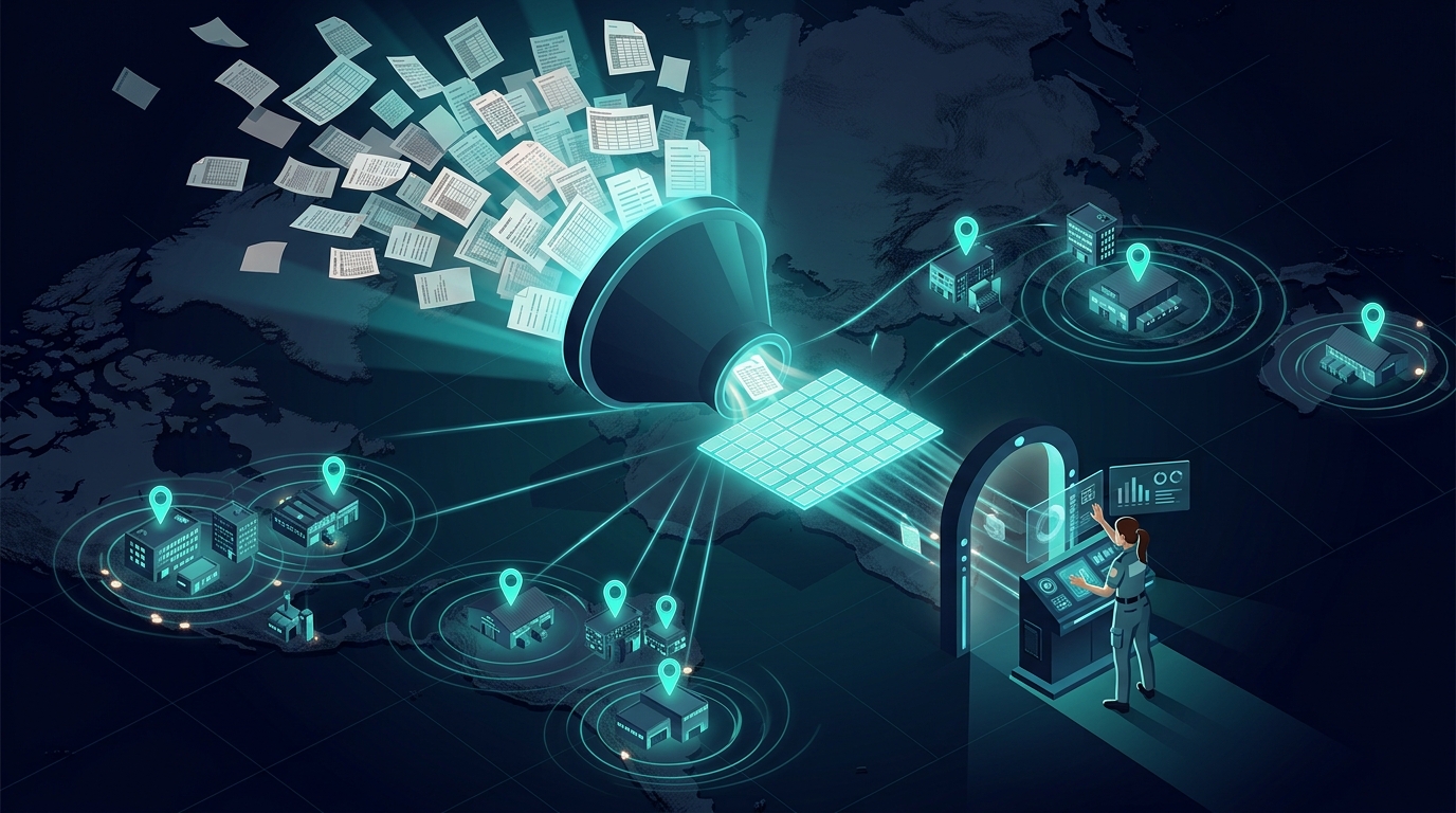 Isometric illustration of scattered broker documents funnelling into one structured data grid for commercial property underwriting