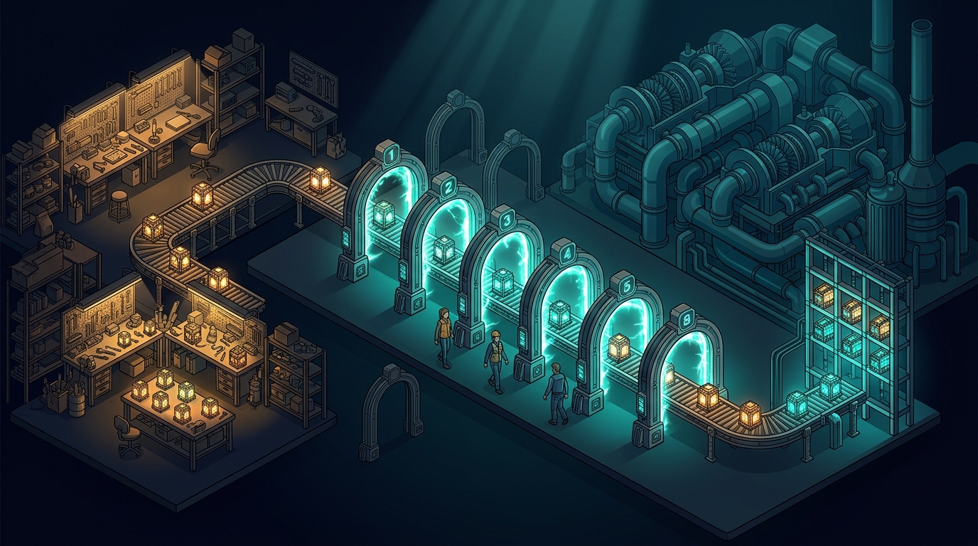 Isometric illustration of an AI software factory where workshop prototypes pass through glowing gates onto an industrial production line