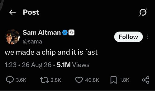 Sam Altman post on X: 'we made a chip and it is fast'