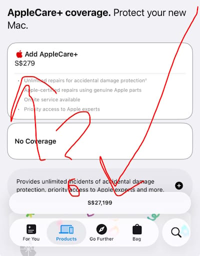 Apple Store checkout for a top-spec Mac priced at S$27,199, with AppleCare+ offered at S$279