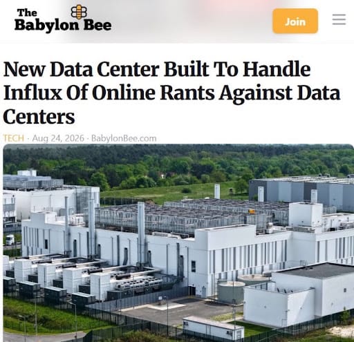 Babylon Bee headline: New data centre built to handle influx of online rants against data centres