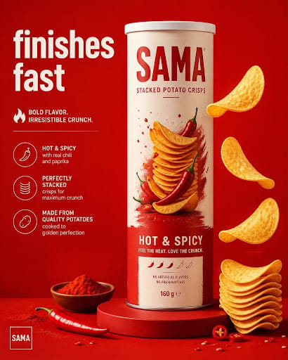 Spoof ad for 'SAMA' hot and spicy stacked potato crisps with the tagline 'finishes fast'