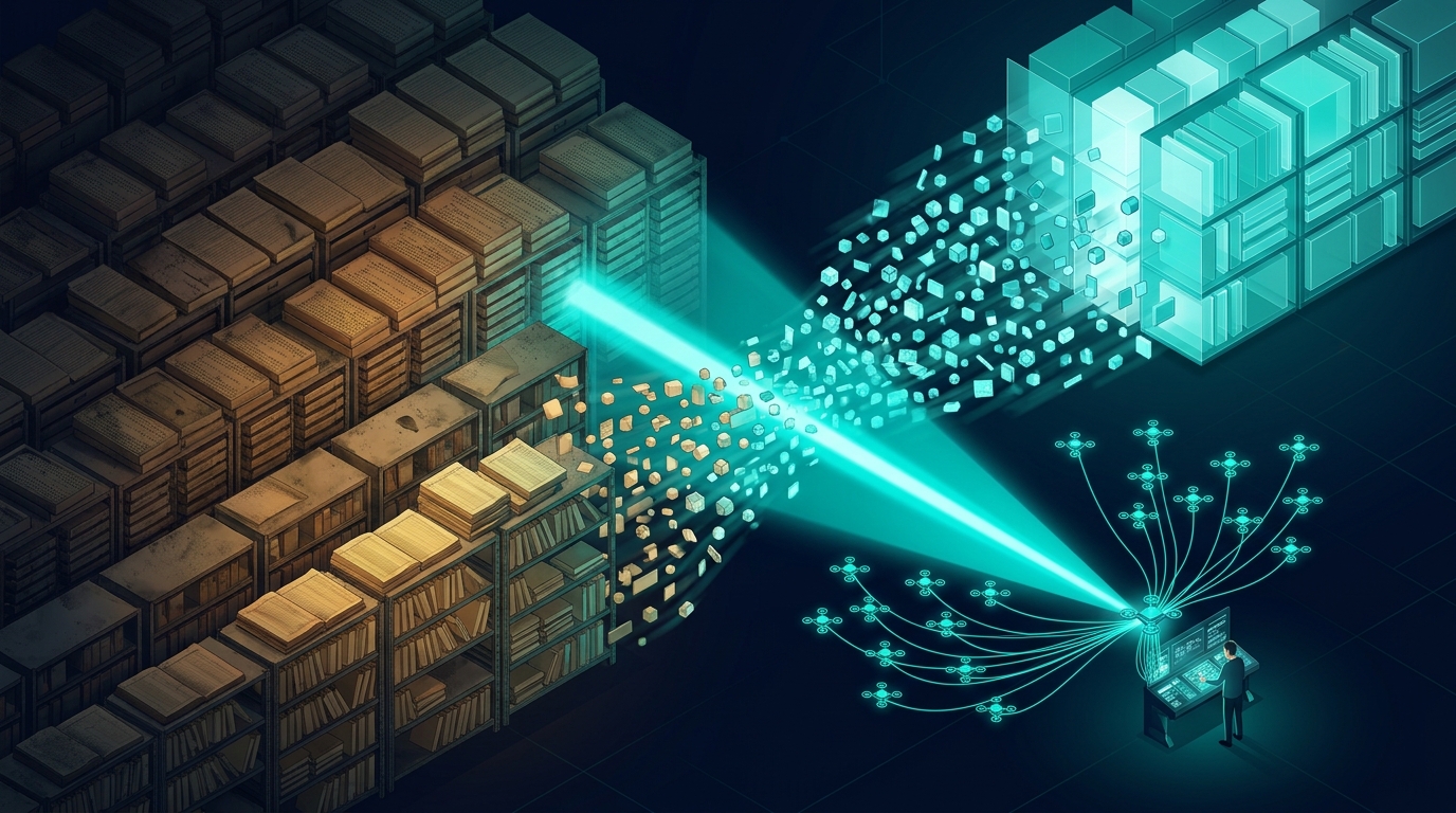 Isometric illustration of one engineer directing a network of agents that beam rows of old paper archives into glowing modern data blocks