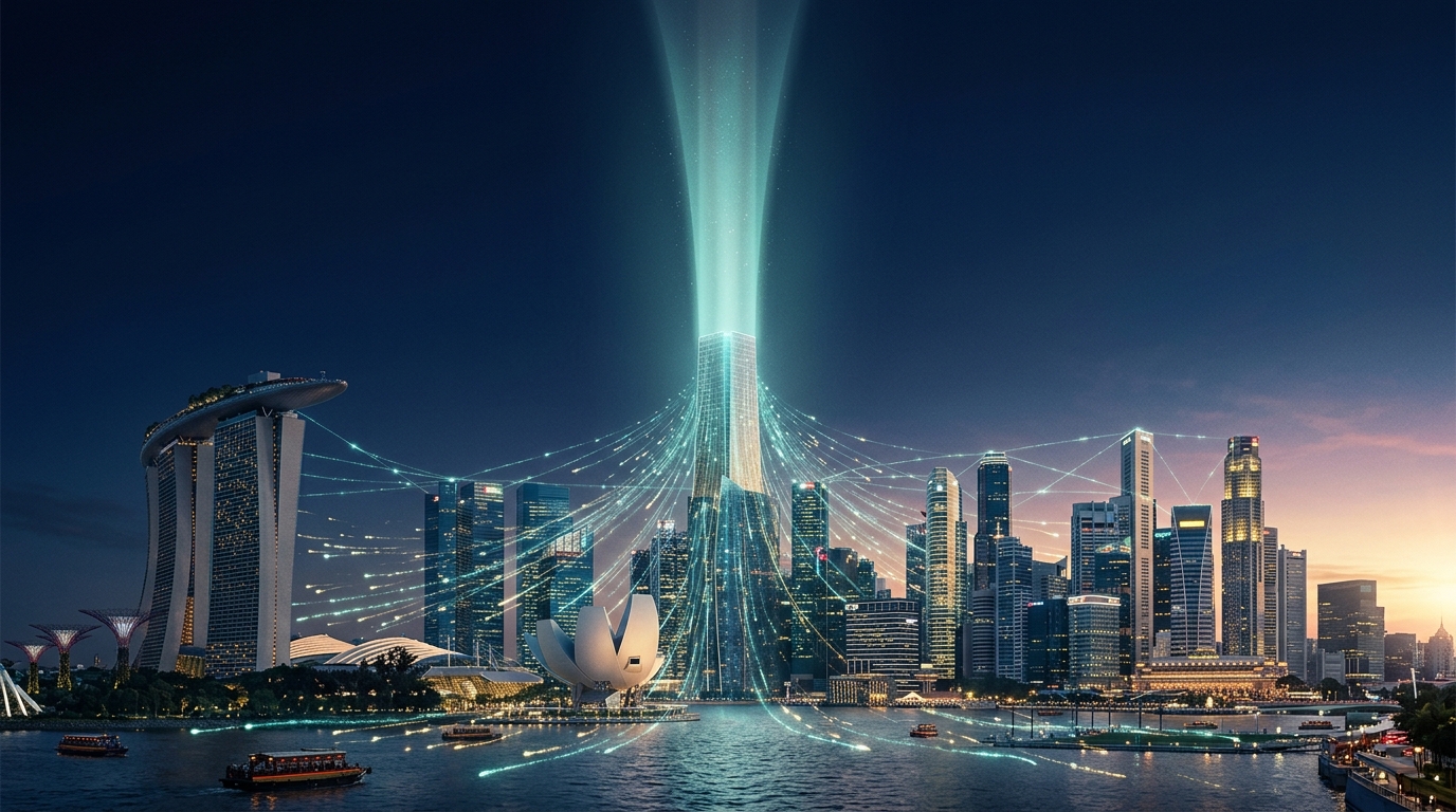 Singapore's Marina Bay skyline at dusk with streams of teal light converging into a single beam