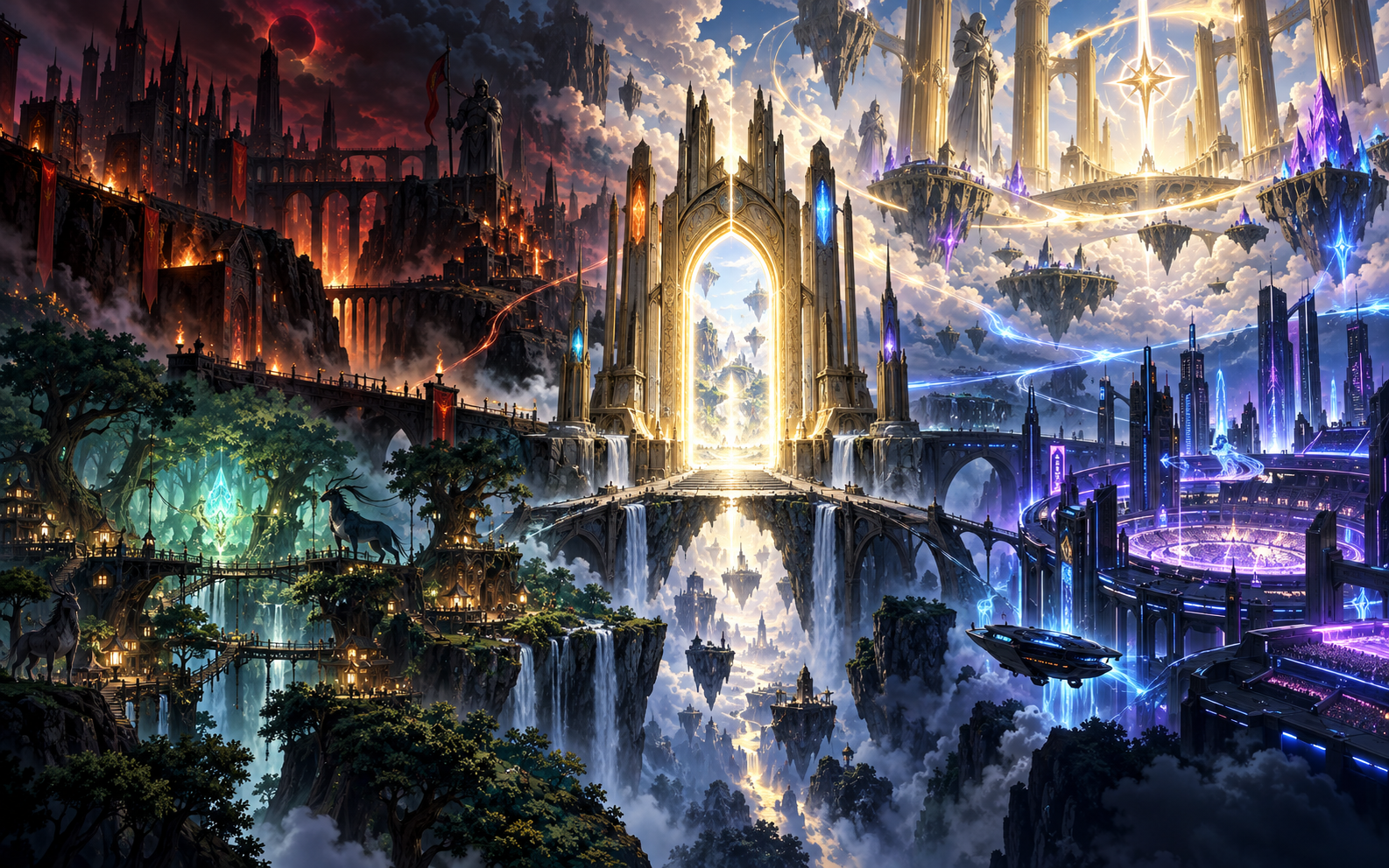 The connected worlds of Veynar, Alderfall, Hakai City, and the Battle of the Four chamber surrounding an ancient doorway.