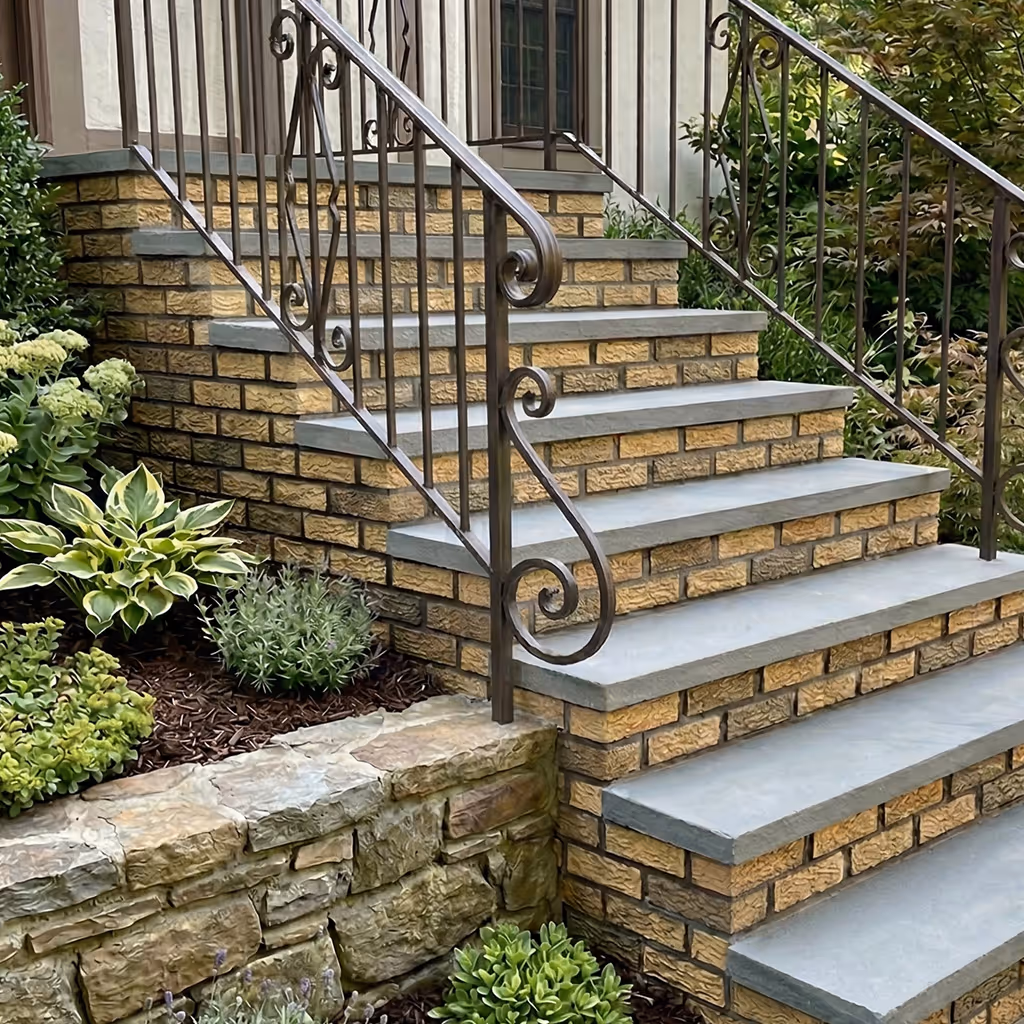 Stone steps with gray treads and yellow brick risers, flanked by decorative wrought iron railings and surrounded by green plants and shrubbery.