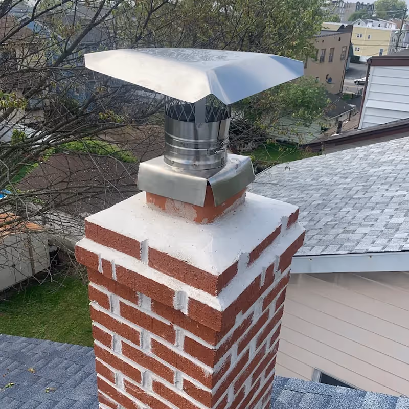 Brick chimney with a metal chimney cap on a residential rooftop surrounded by trees and neighboring houses.