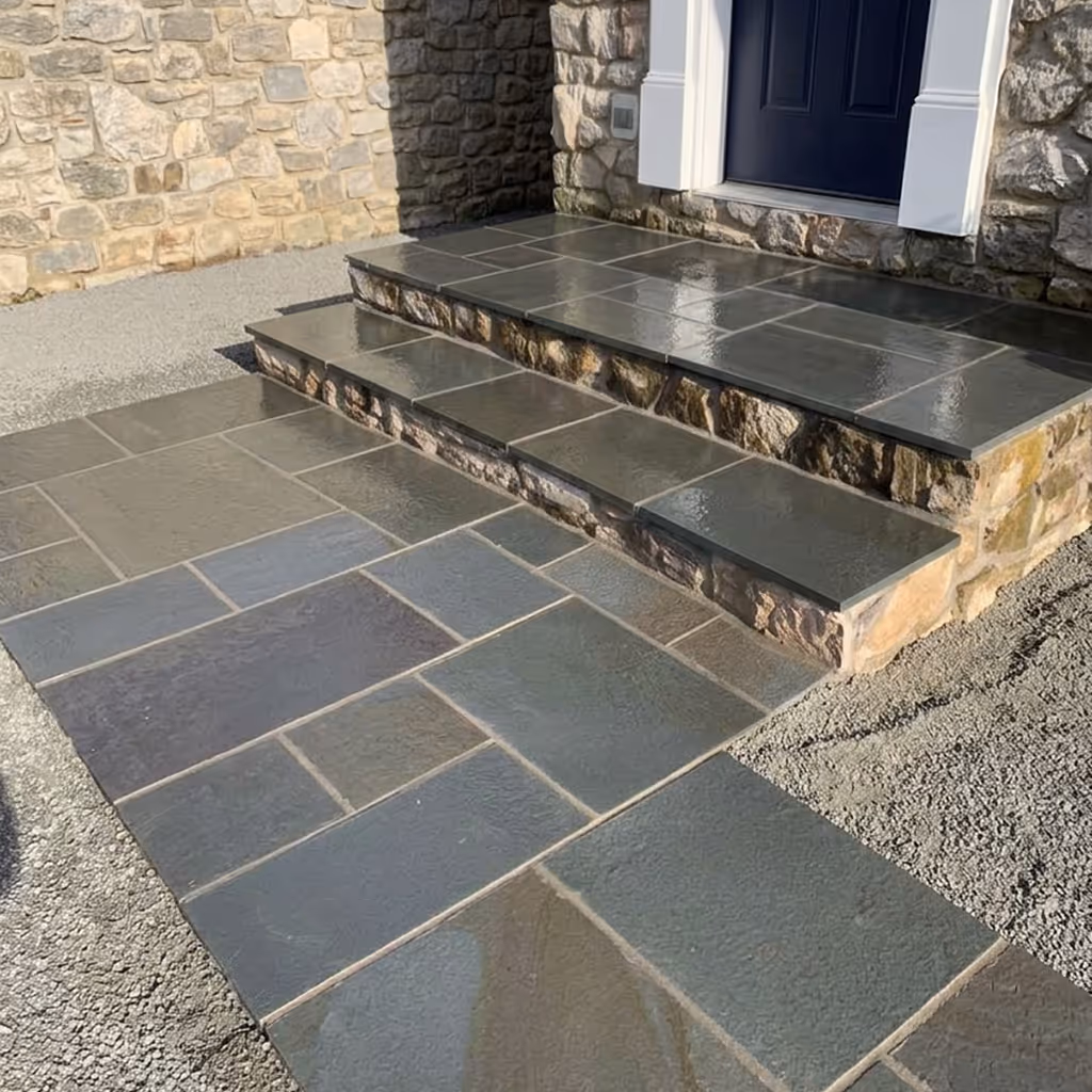 Three wide stone steps leading to a stone porch with cobblestone ground and potted plants on either side.