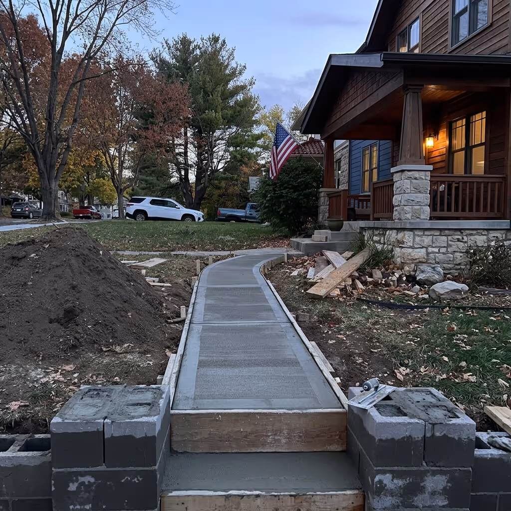 Three wide stone steps leading to a stone porch with cobblestone ground and potted plants on either side.