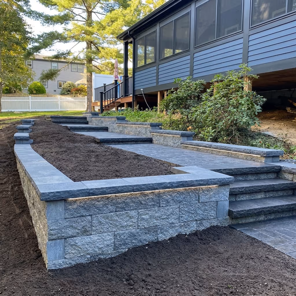 Three wide stone steps leading to a stone porch with cobblestone ground and potted plants on either side.