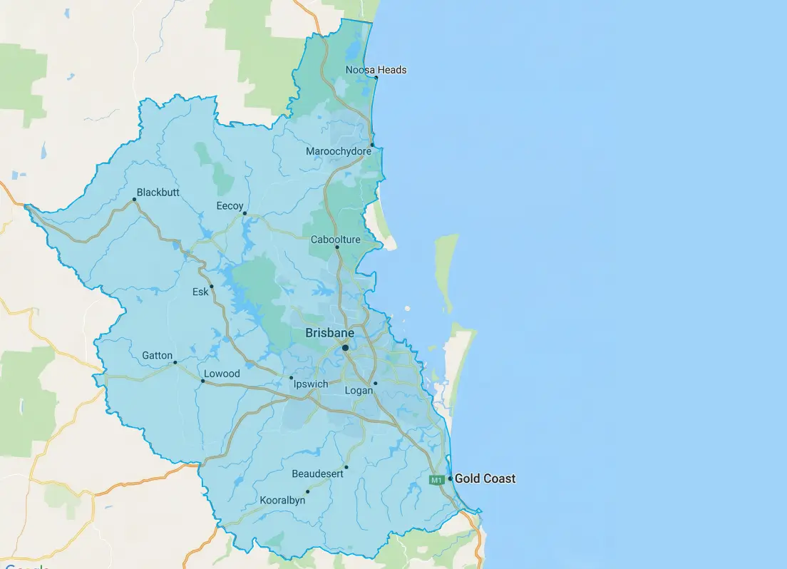 Map showing Brisbane and nearby towns including Noosa Heads, Maroochydore, Caboolture, Ipswich, Logan, and Gold Coast in Queensland, Australia.
