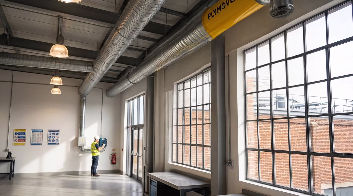 A technician working in a commercial warehouse with upgraded ventilation ductwork