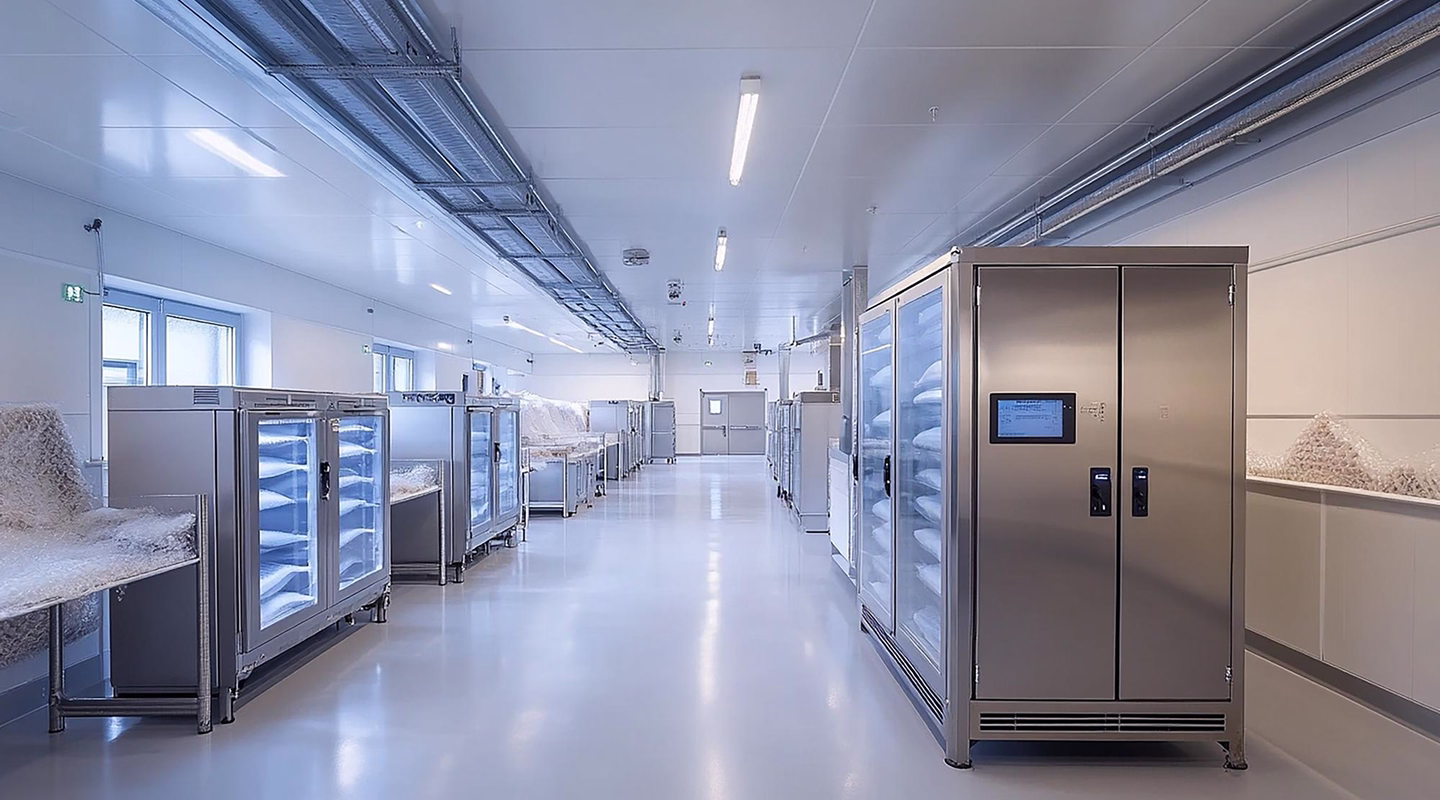 A commercial kitchen with stainless steel refrigeration display cabinets