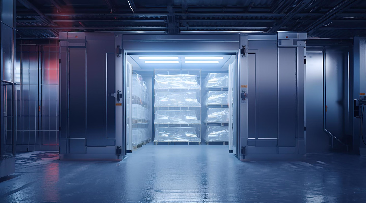 Commercial walk-in cold room with shelving and temperature-controlled food storage