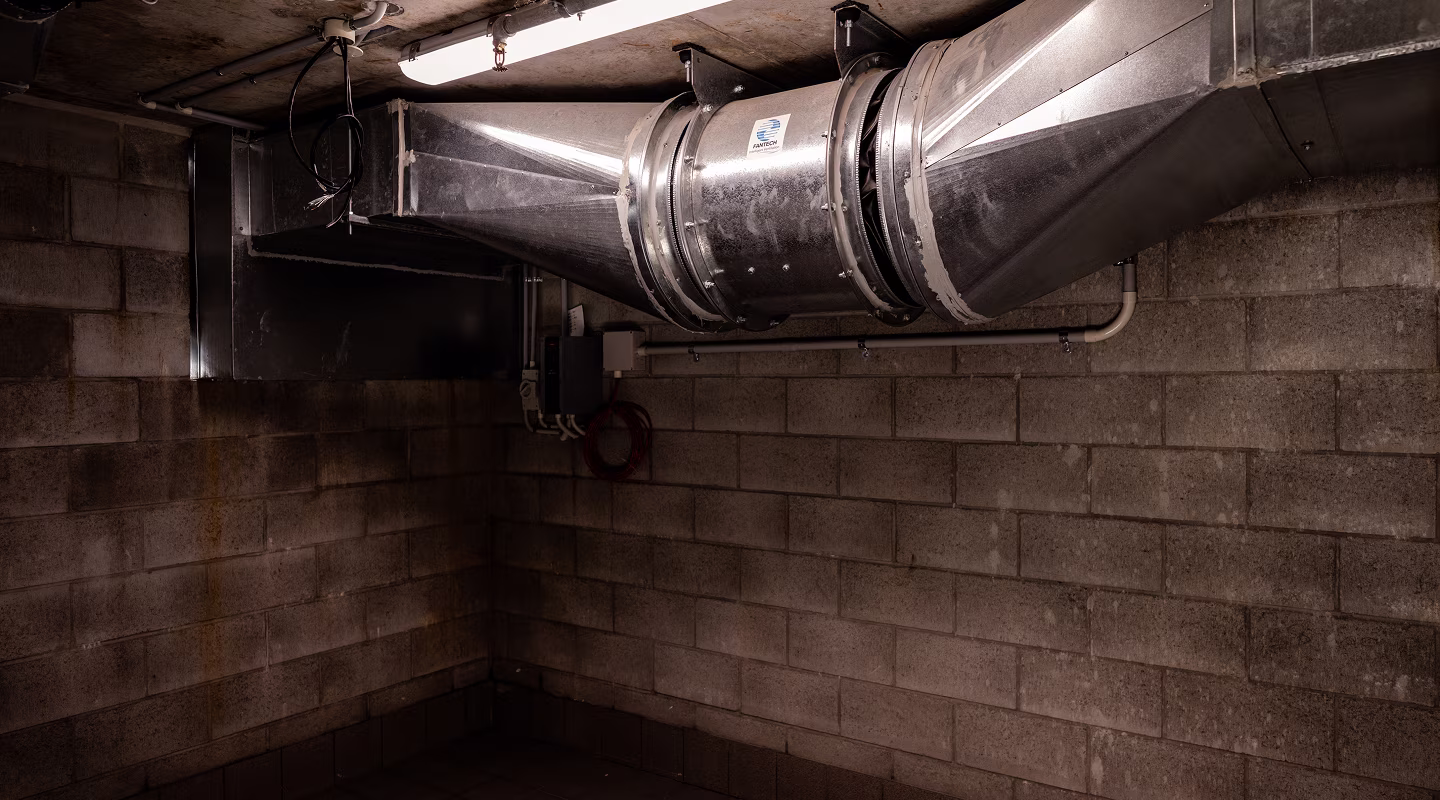 A mechanical plant room with large galvanised supply air ductwork