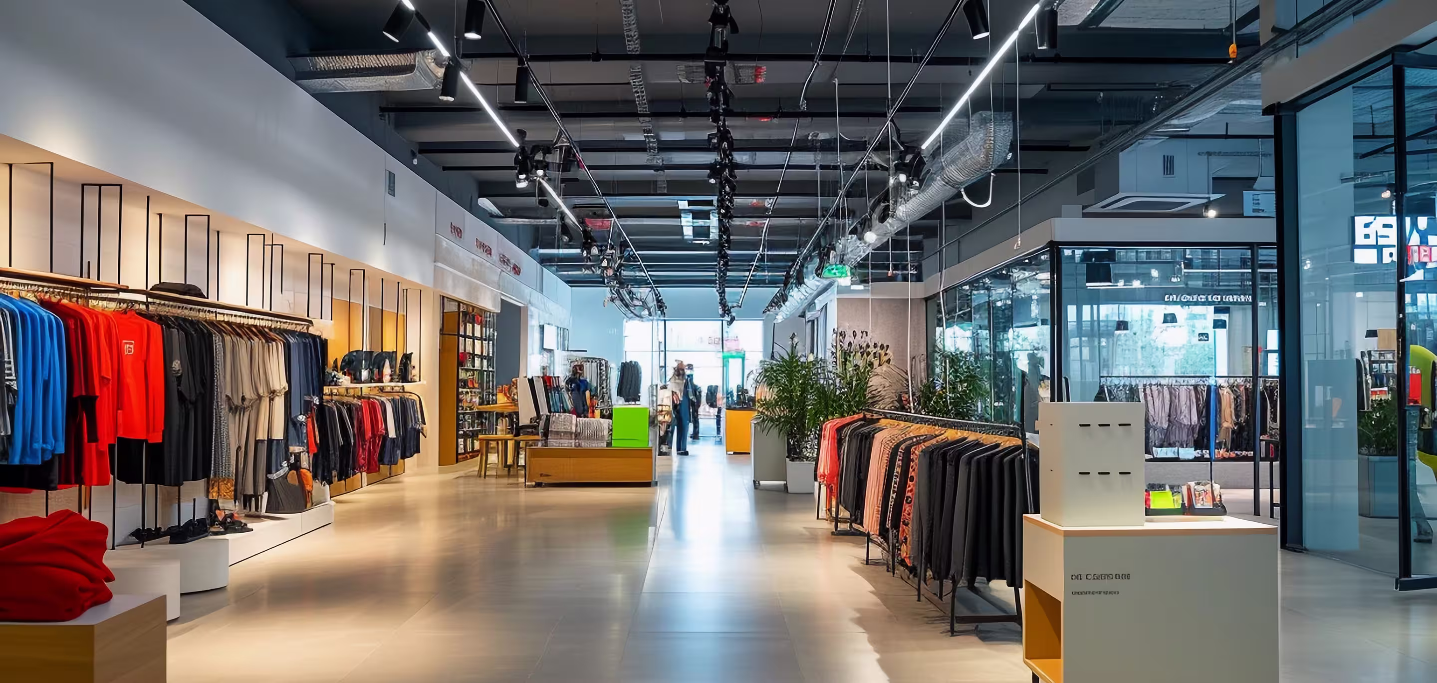 Interior of a shopping centre retail precinct with clothing stores and ceiling-mounted cassette air conditioning units