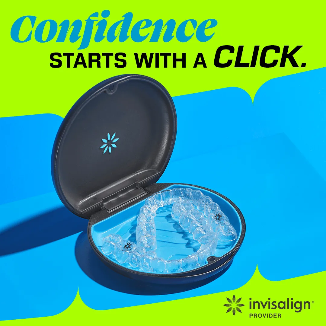 Invisalign infographic titled Confidence with a Click, featuring a teen and mom smiling with clear aligners