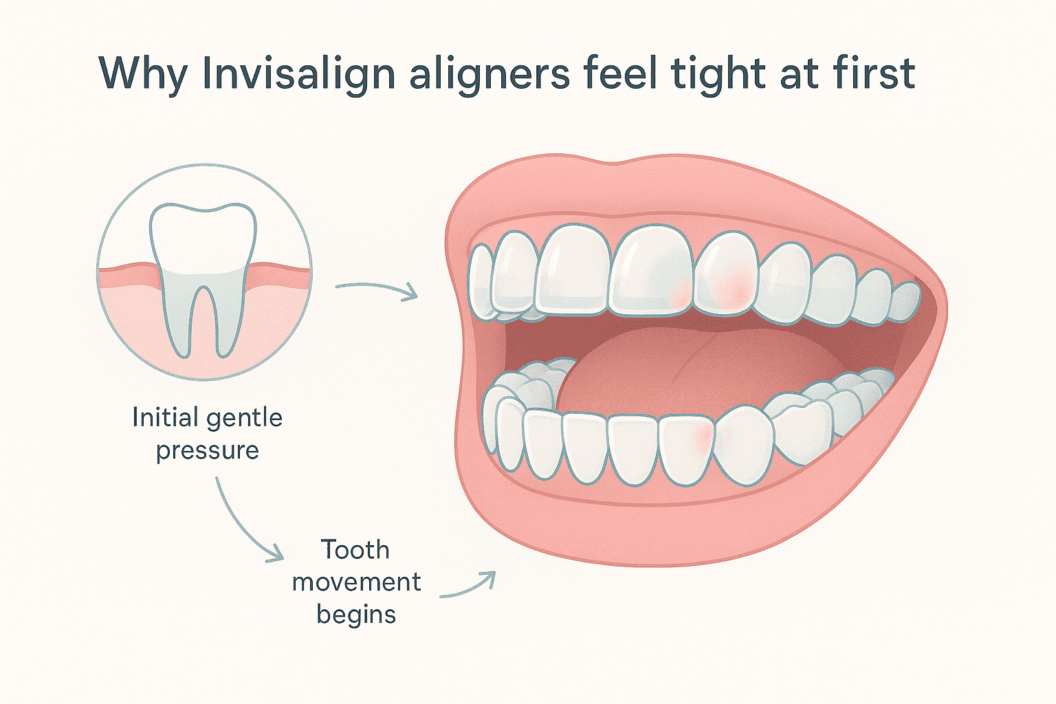 Educational infographic showing an open mouth with Invisalign trays fitted over teeth, highlighting gentle pressure points and illustrating how initial tightness is caused by controlled force moving tooth roots. Includes clear labels and a simplified cross-section for dental patient education.