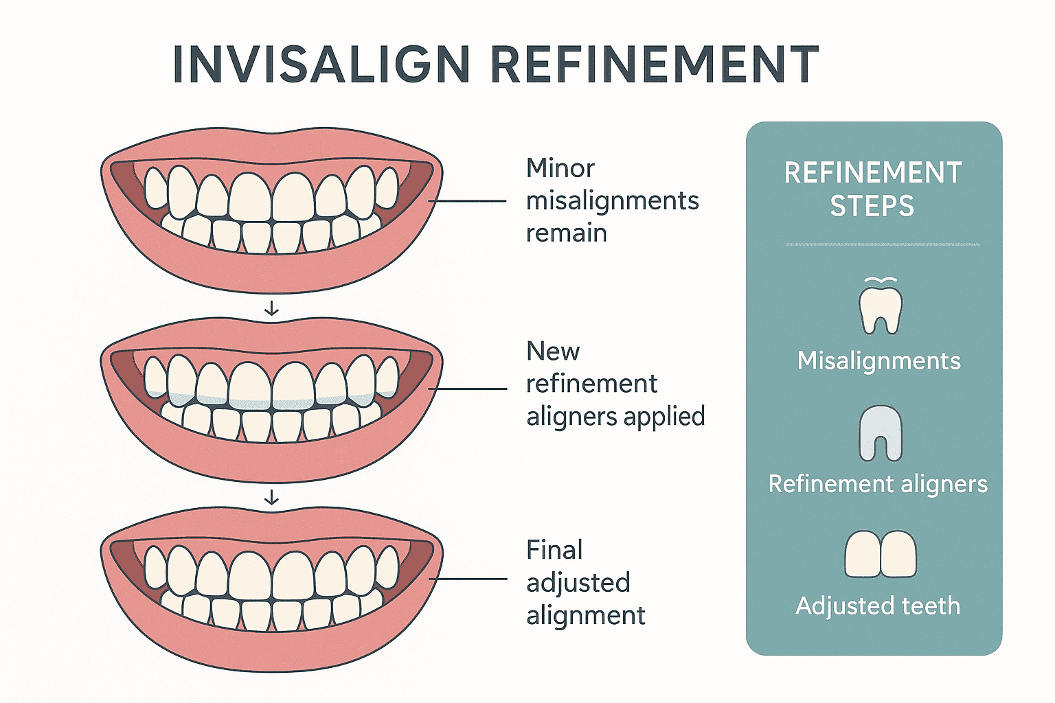 Educational poster showing three steps of Invisalign refinement: starting with minor misaligned teeth, then highlighting targeted adjustments, and ending with perfectly aligned teeth. Arrows and clear labels guide viewers, with a side panel listing the refinement stages for patient understanding.