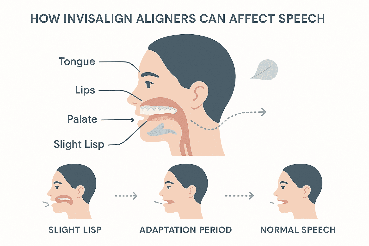 Illustration of how Invisalign aligners affect speech, from a slight lisp to normal speech