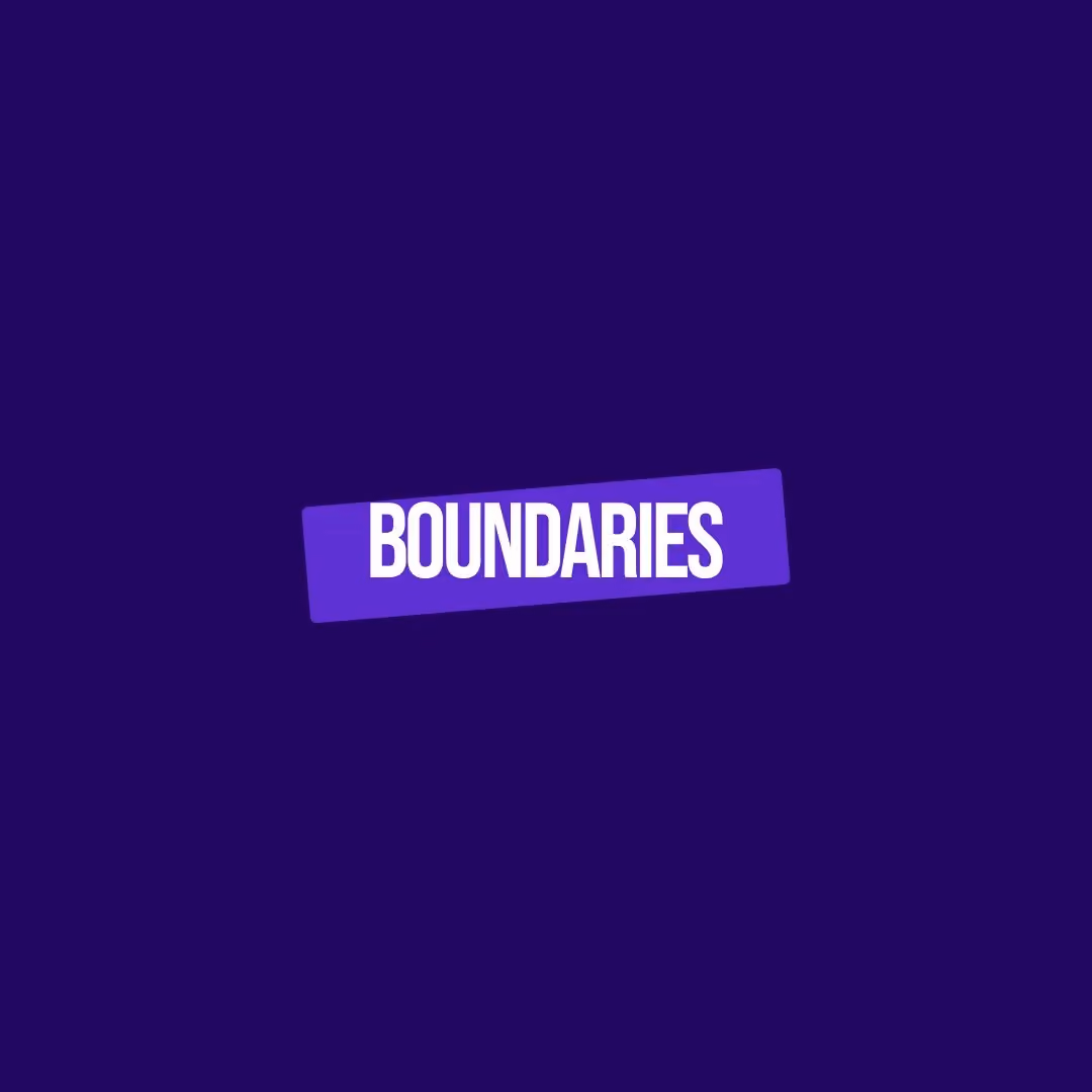 The word BOUNDARIES in bold white letters on a tilted purple rectangle against a dark purple background.