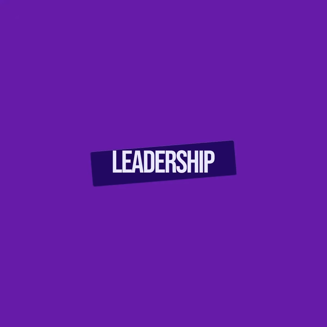 The word LEADERSHIP in bold white text on a dark purple rectangle against a purple background.