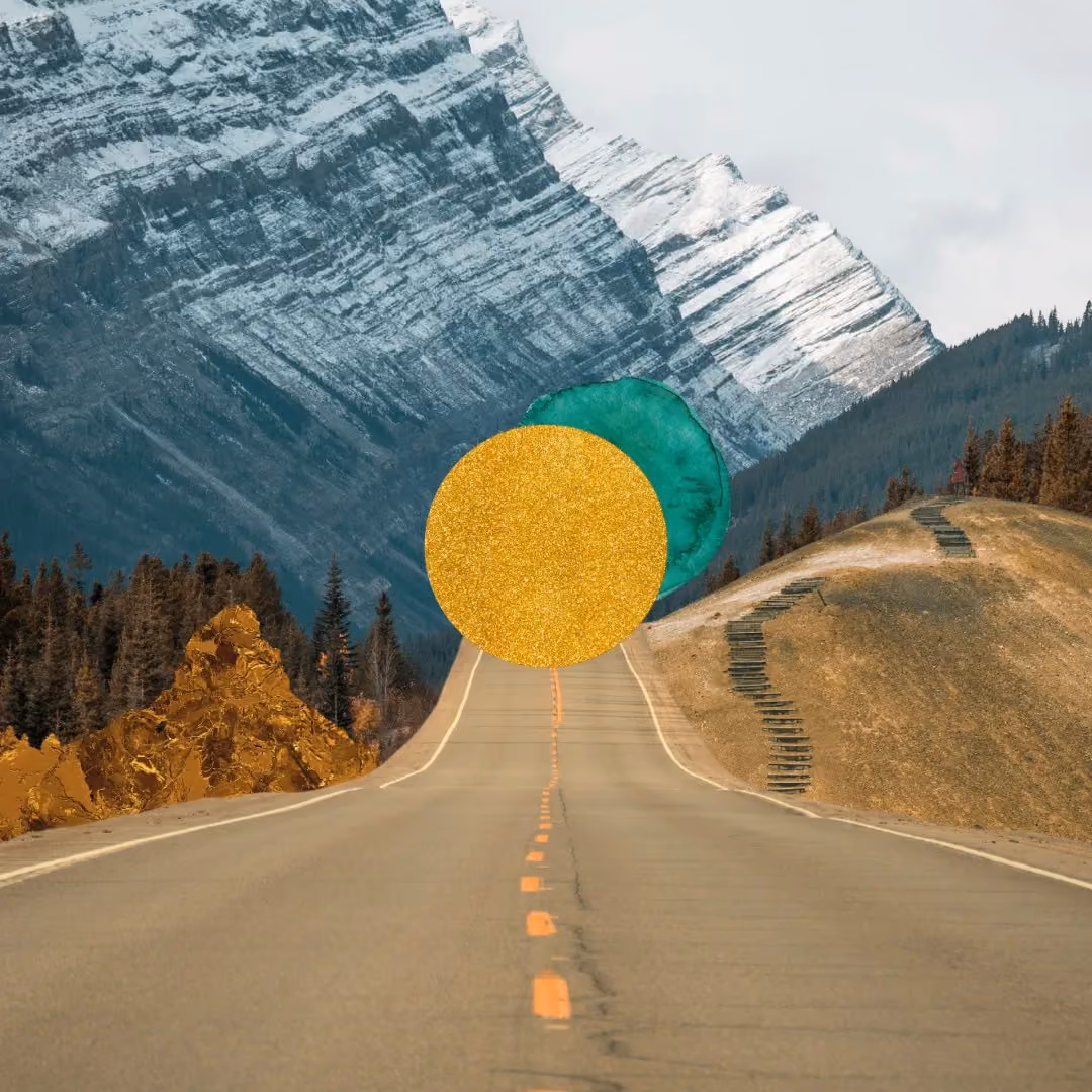 Empty road leading toward snowy mountains and forest with two overlapping colored circles.