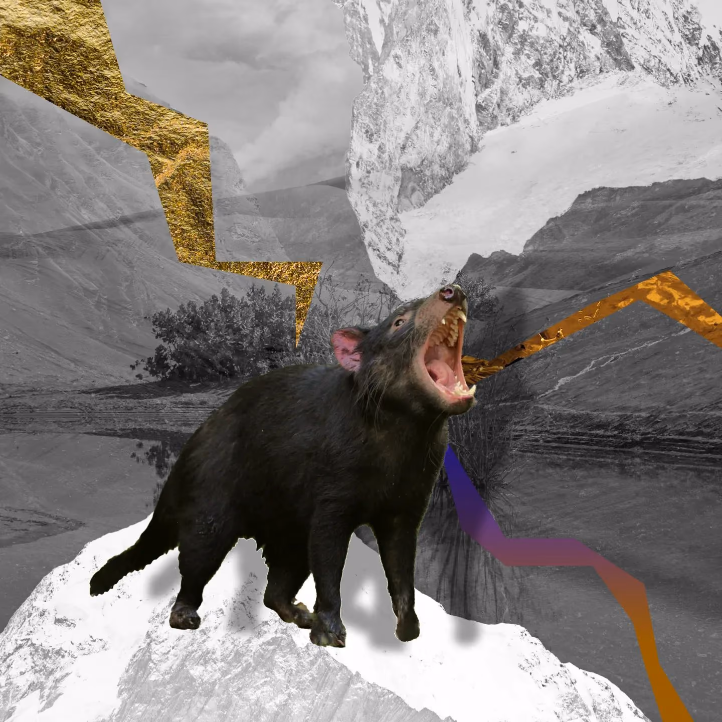 Tasmanian devil with mouth open against a black and white mountainous background with colored lightning shapes.