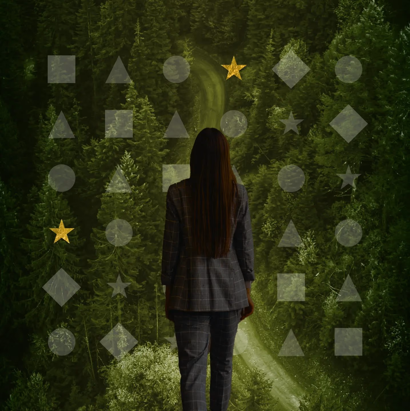 Woman in plaid suit stands facing a forest path with faint geometric shapes overlaying the scene.
