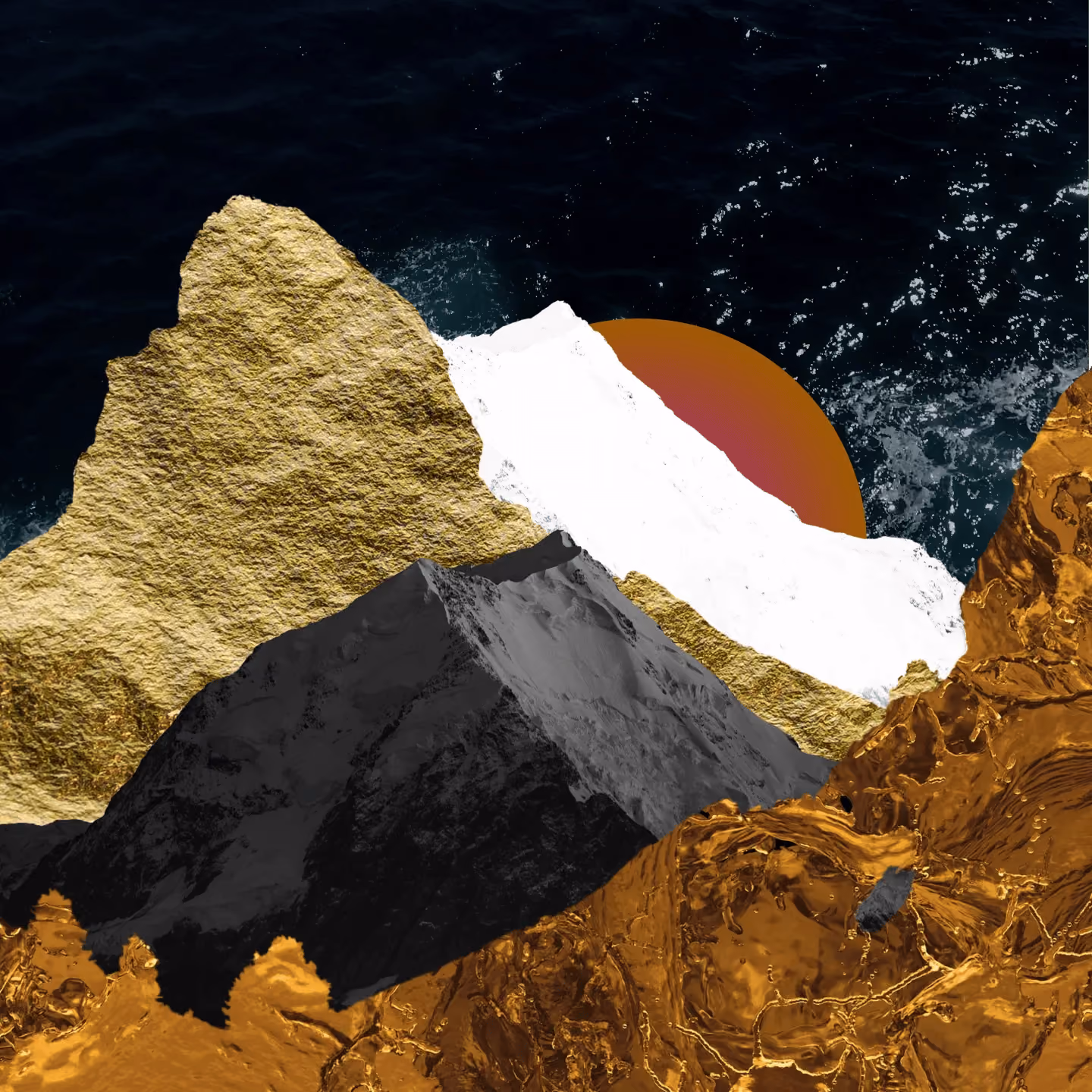 Abstract collage of textured golden, black, and white mountains with an orange sun and dark ocean background.