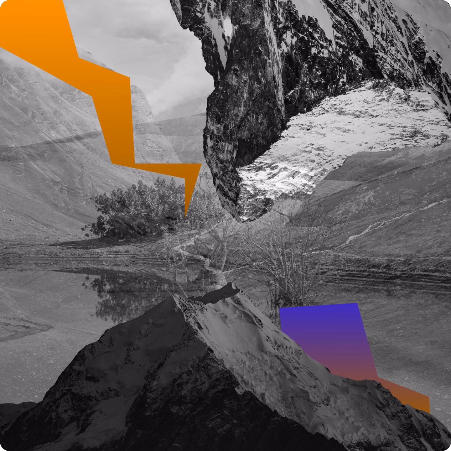 Black and white mountain landscape with abstract orange and purple geometric shapes.