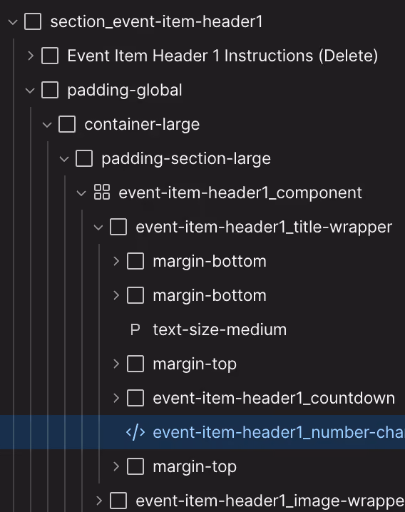 Code editor showing nested HTML-like structure with event item header and padding classes.