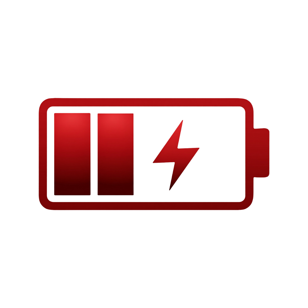 Red battery icon showing low charge with two bars and a lightning bolt symbol.