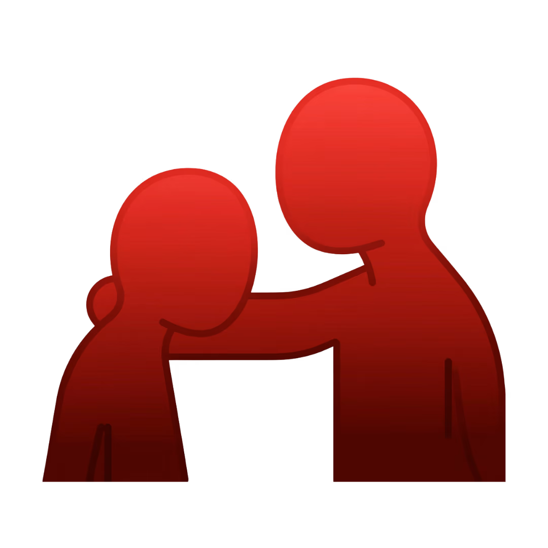 Red silhouette of one figure comforting another with a hand on their shoulder.