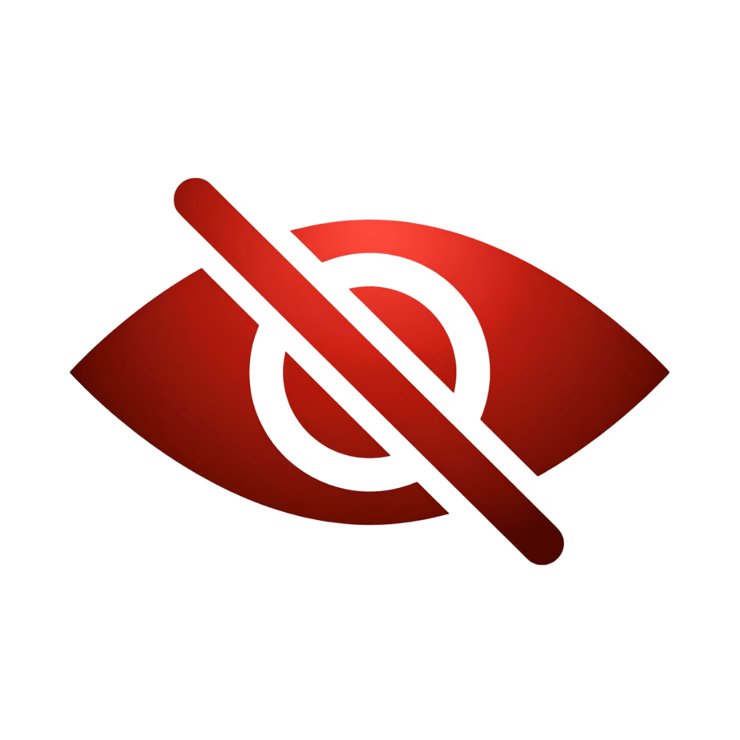 Red eye icon with a diagonal slash indicating hidden or unseen content on black background.