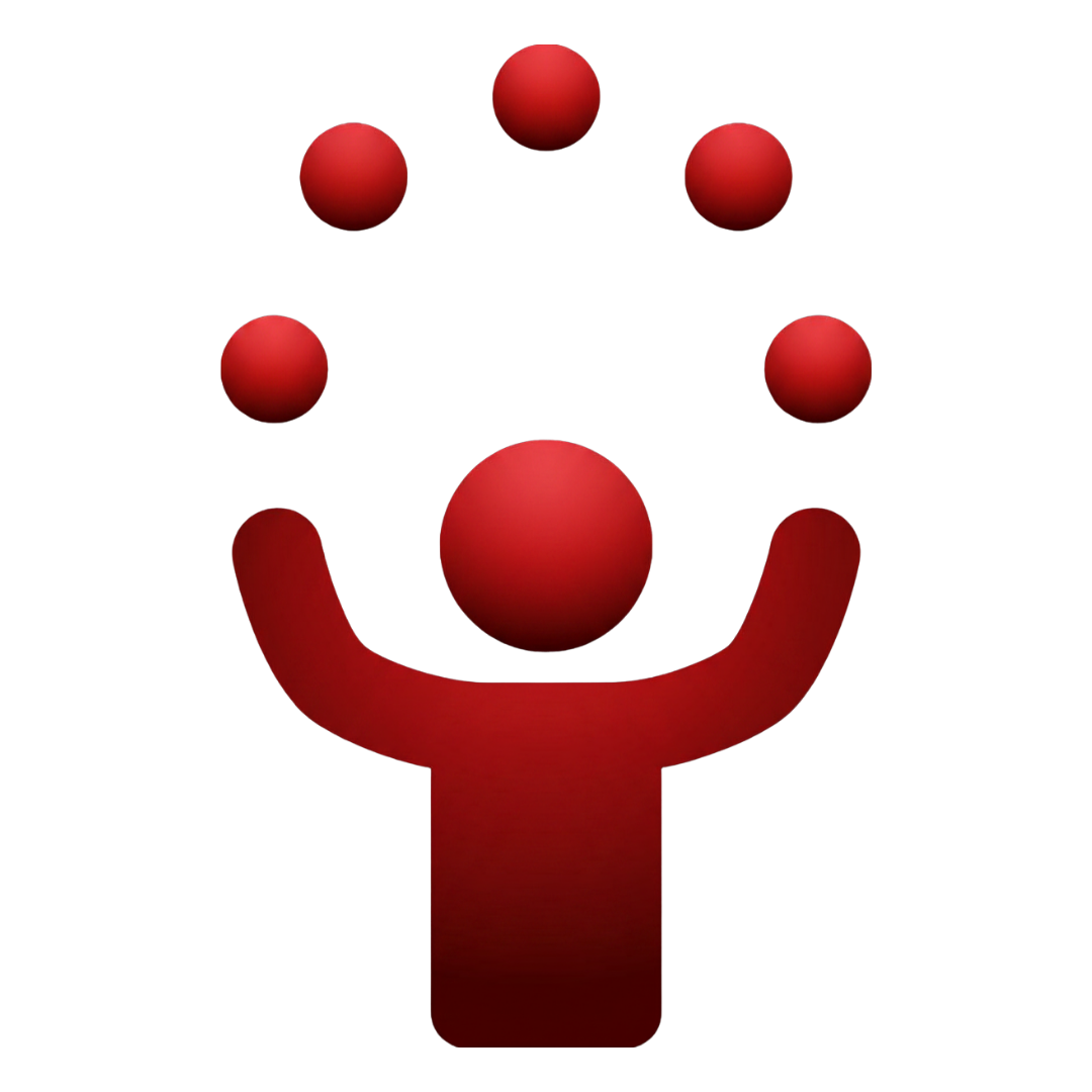 Red figure juggling five red balls against a black background.
