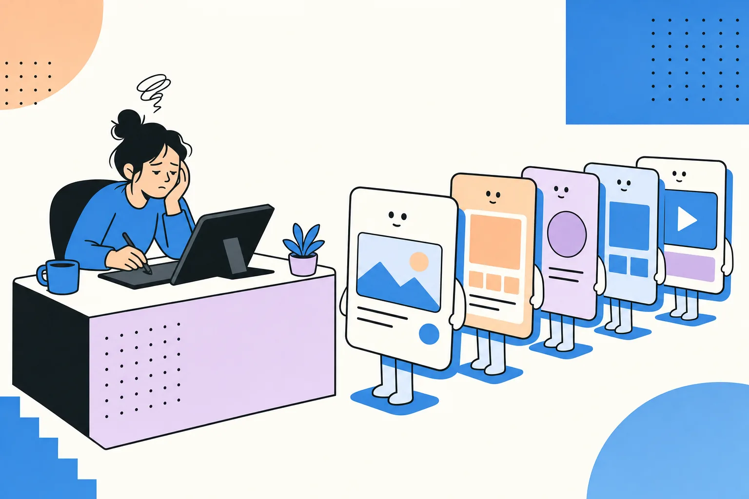Una diseñadora cansada frente a una fila de piezas de diseño esperando turno