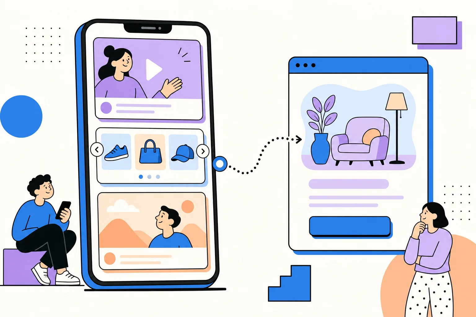 Un celular con anuncios variados que lleva a una landing con un solo botón