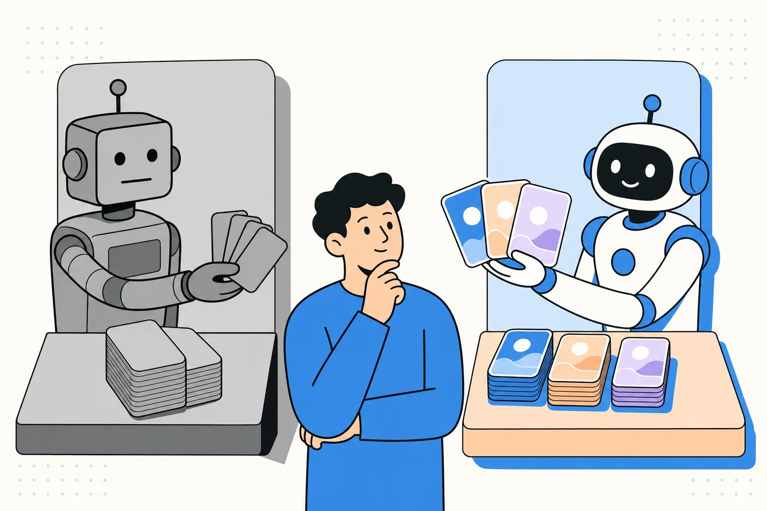 IA genérica que entrega piezas grises frente a un skill que entrega piezas con la marca