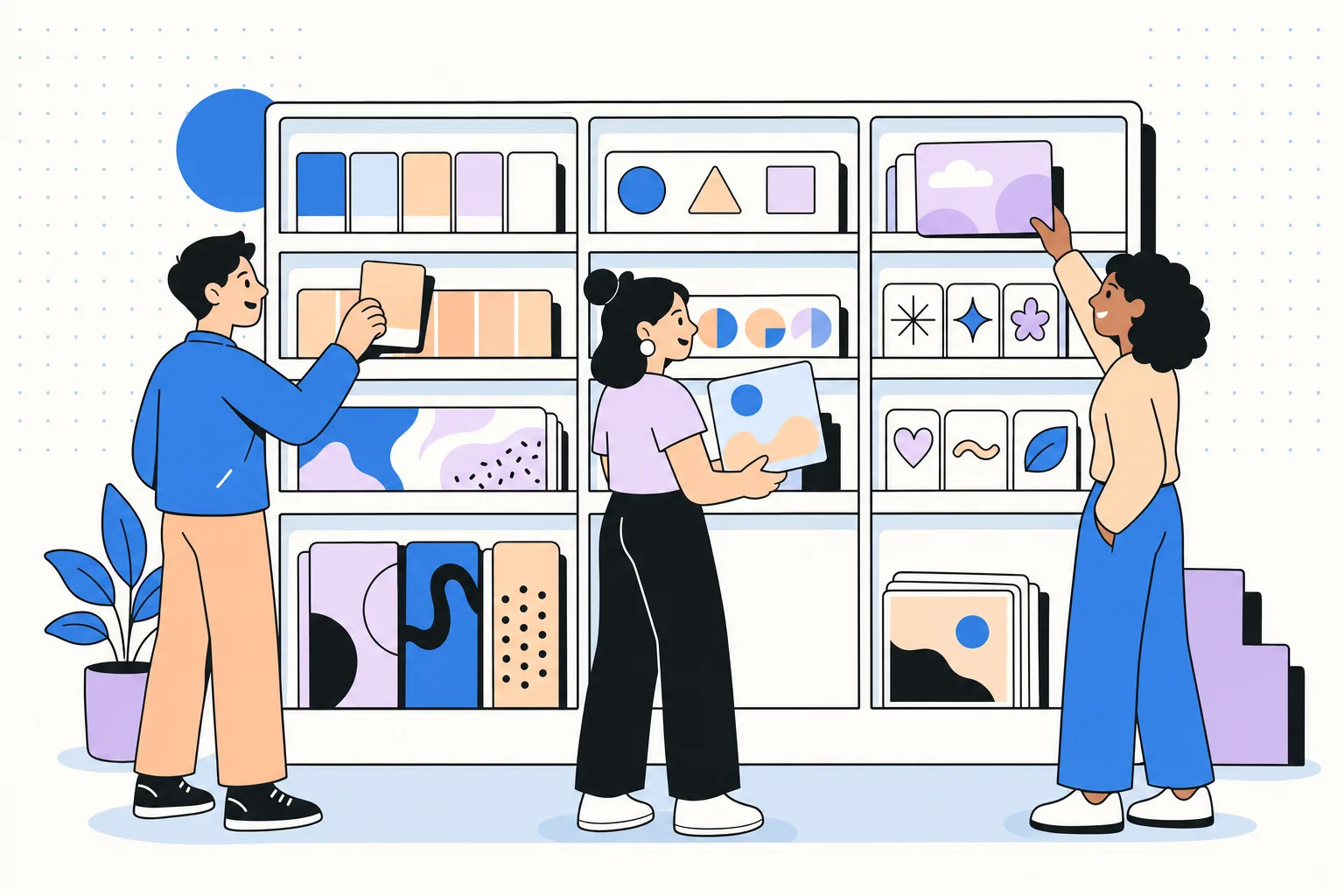 Un equipo tomando componentes de marca de una biblioteca ordenada