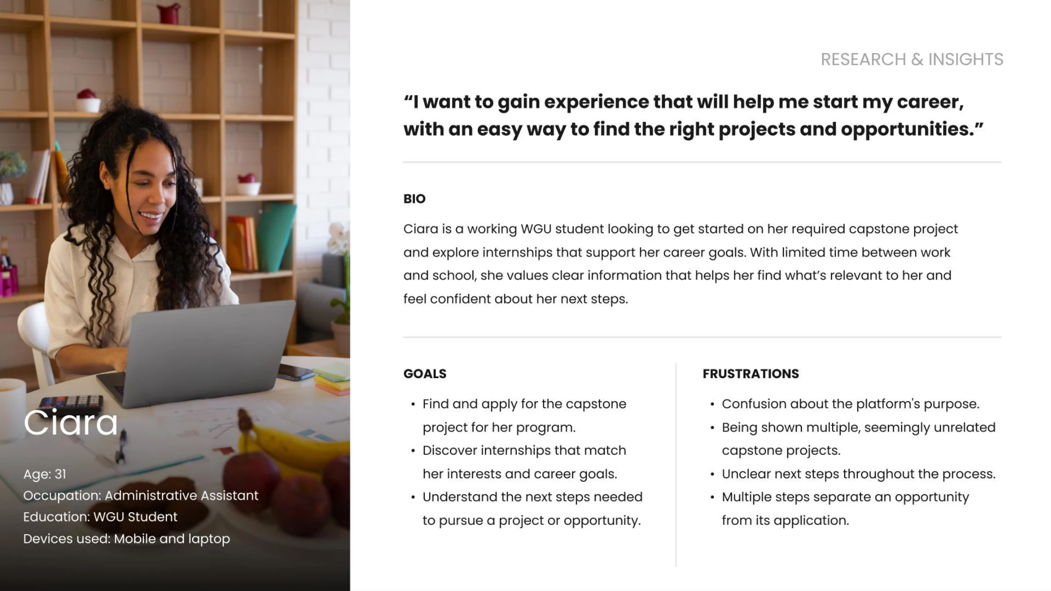 Persona: Ciara, a working WGU student.
