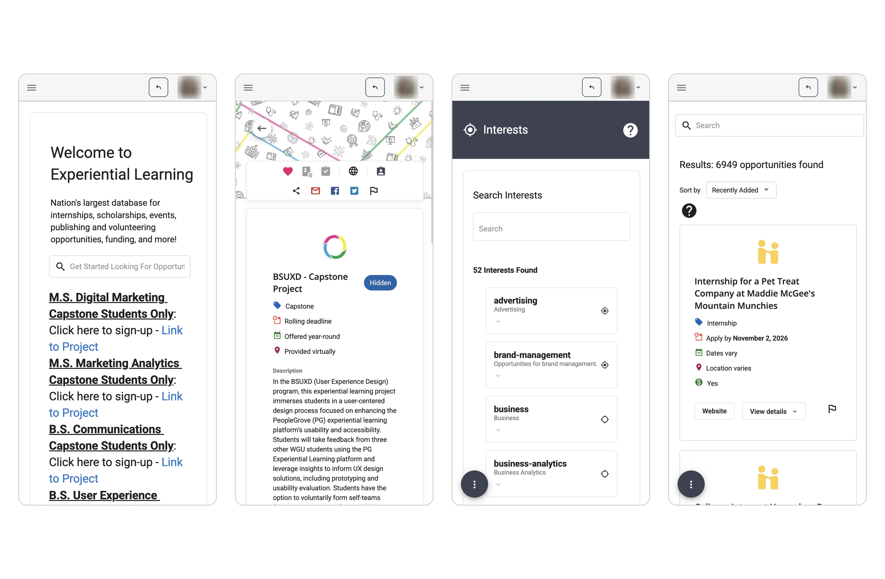 Original PeopleGrove mobile screens: dashboard, capstone details, interests, and search.