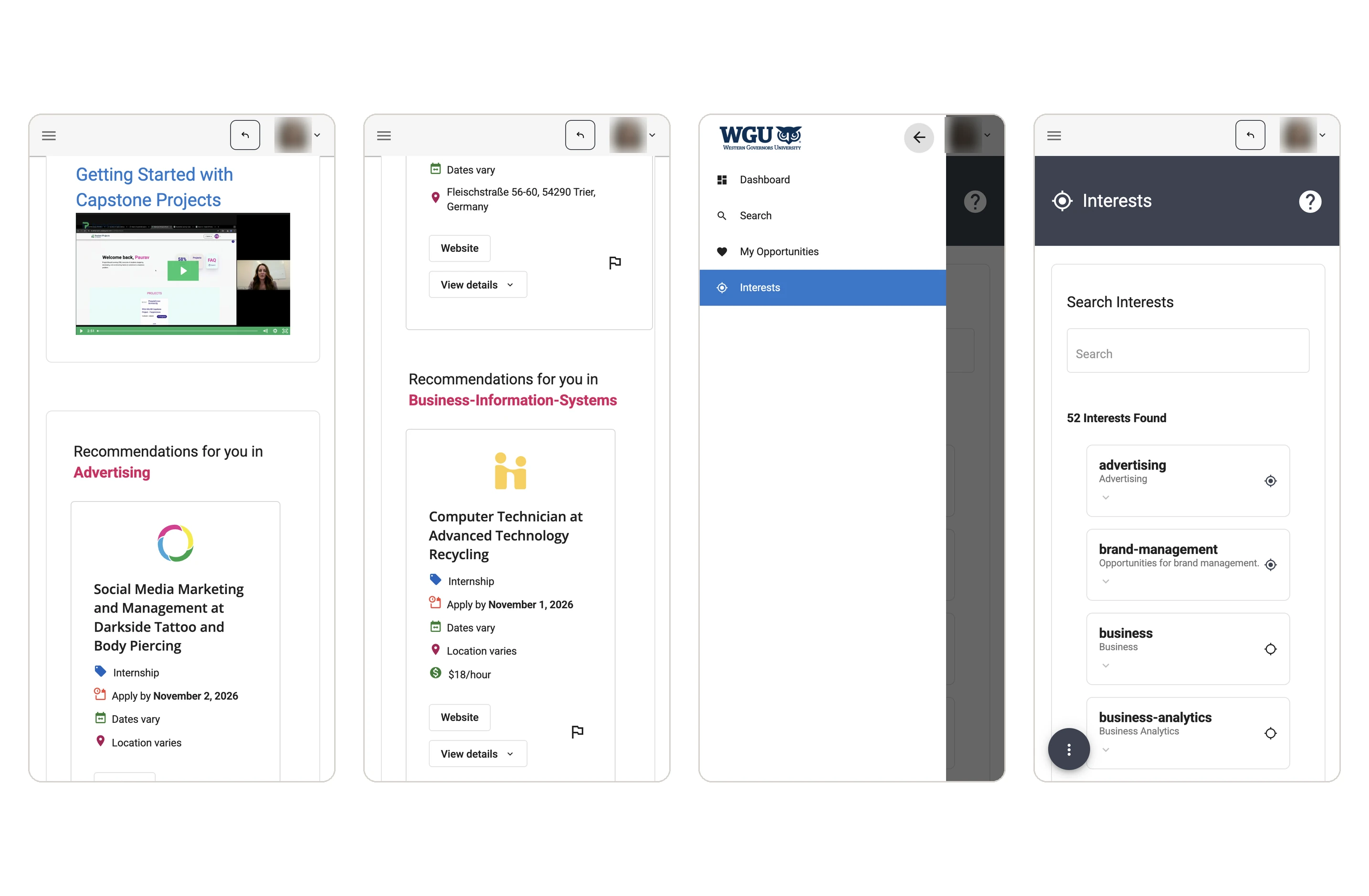 Original recommendation blocks for each interest, and the separate Interests page.