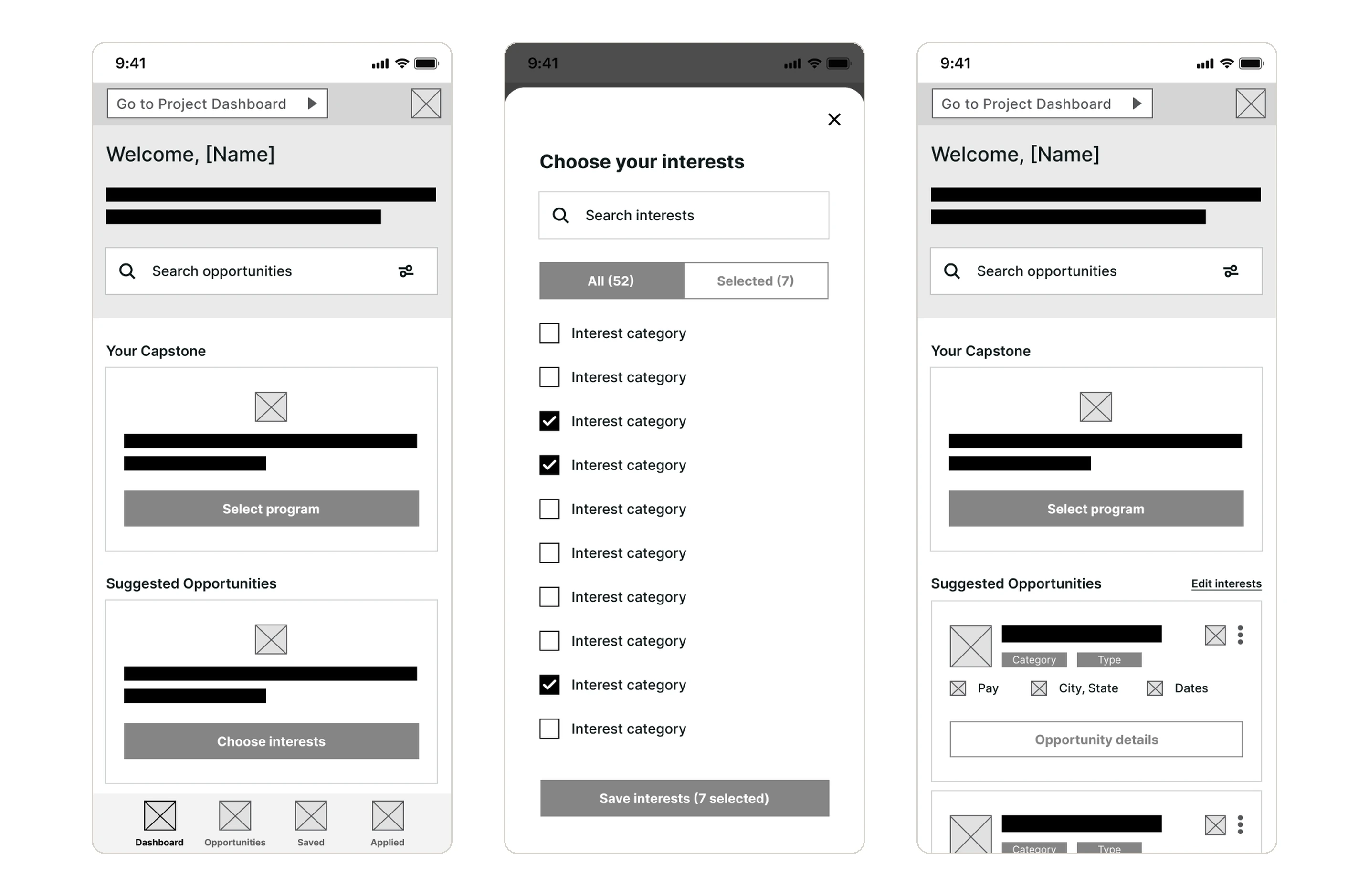 Choosing interests and the simplified Suggested Opportunities section.