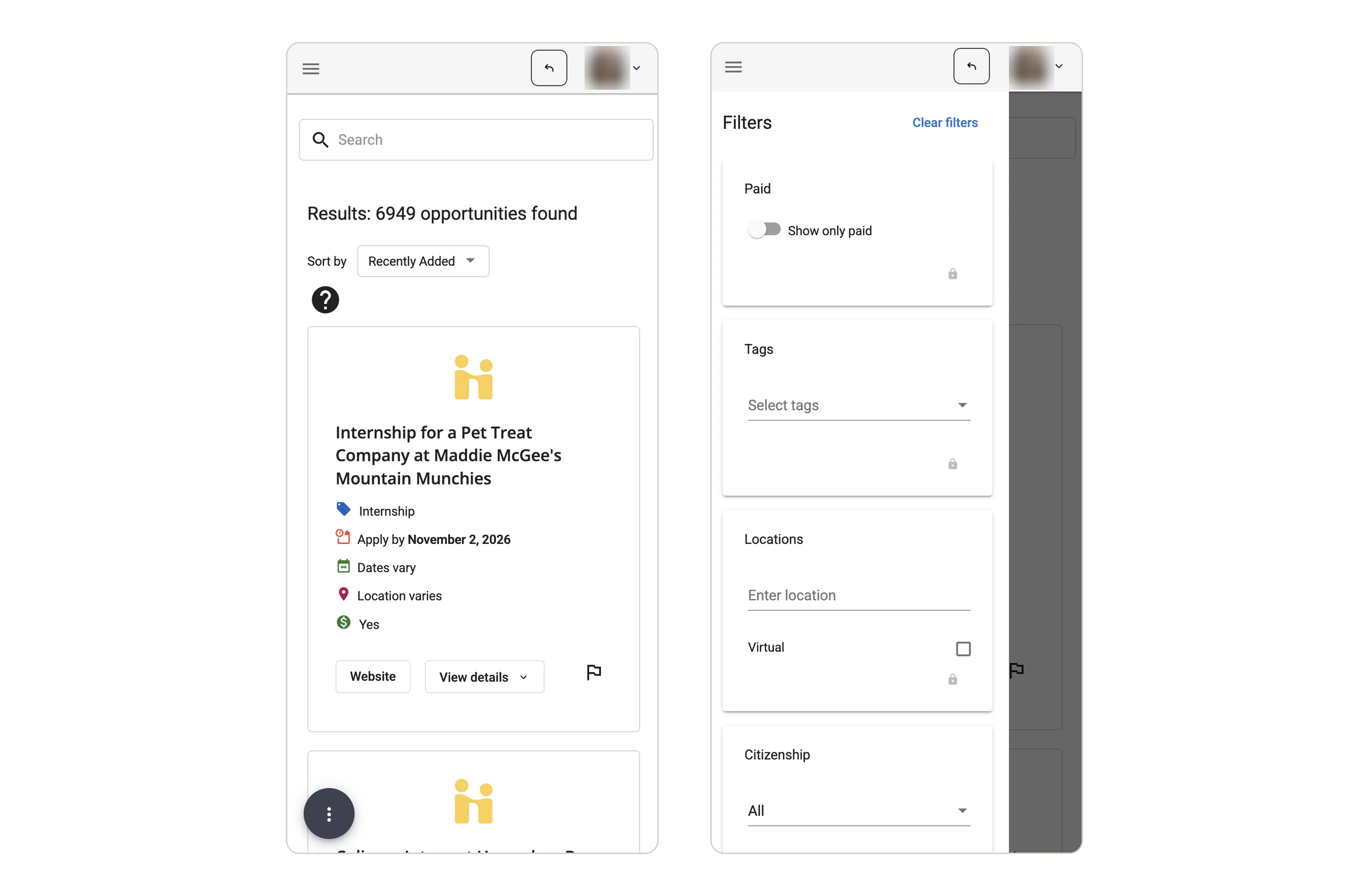 Original search results and filter panel.