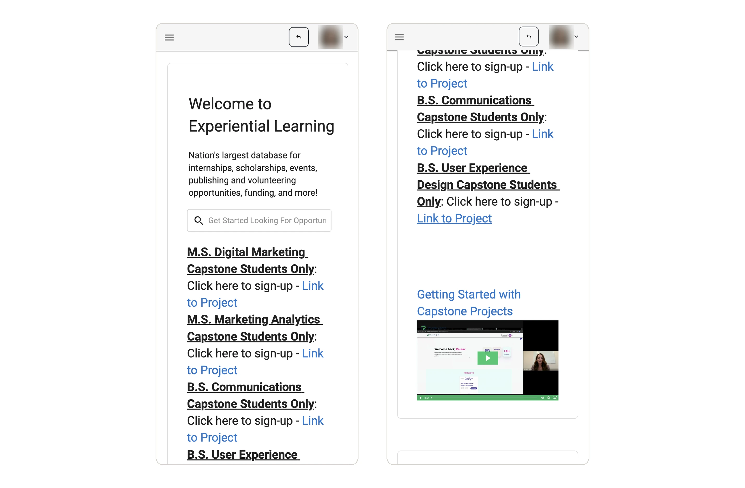 Original dashboard with capstone sign-up links for four programs and a video tutorial.
