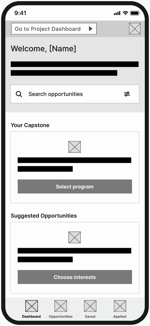 Prototype walkthrough: selecting a program, applying to the capstone, choosing interests, filtering opportunities, and viewing details.
